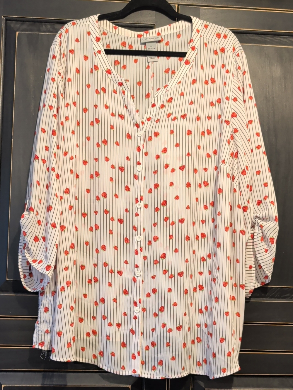 Catherines White Button-Down Shirt with Red Strawberry Print